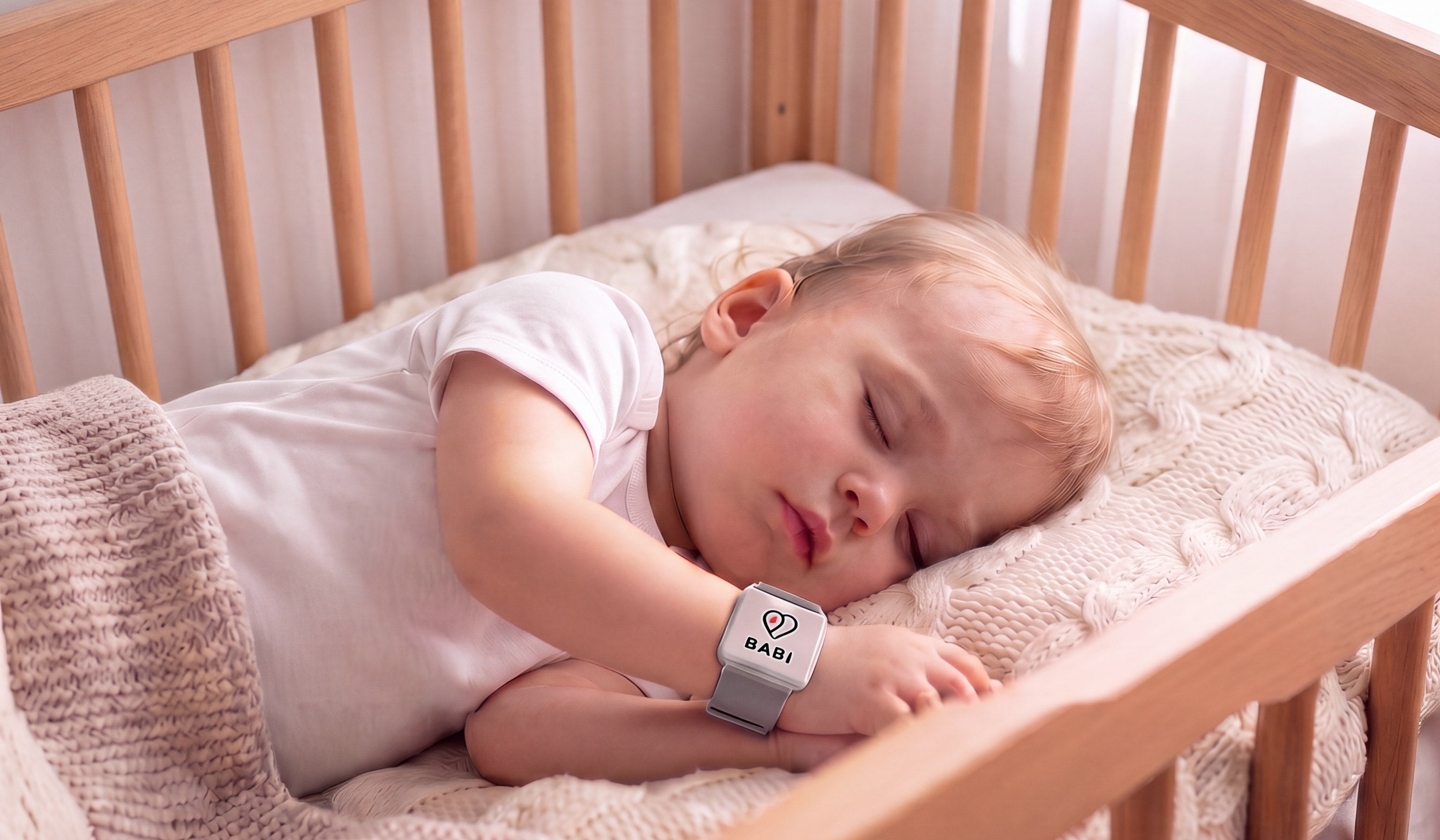 A baby asleep in a cot wearing the Babi Angel band