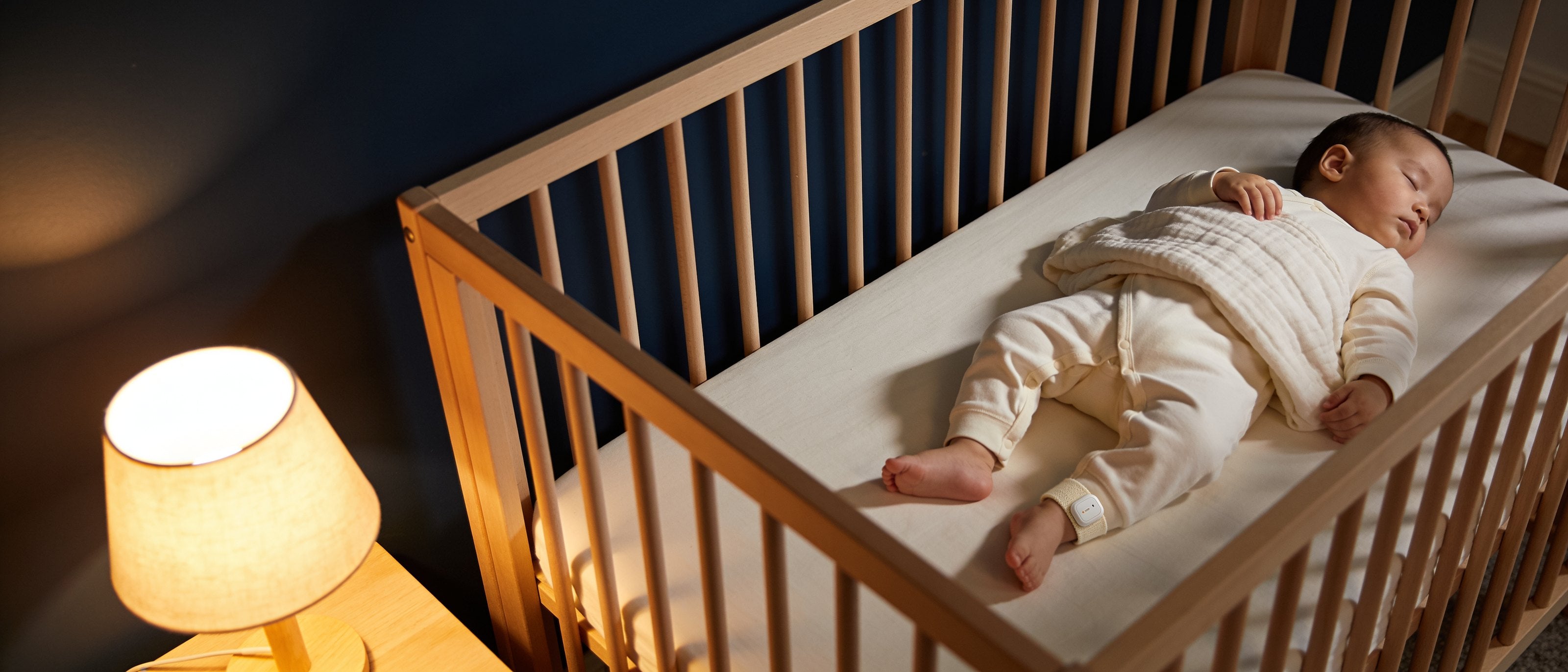 A toddler asleep in a cot at night, wearing the Babi Angel band