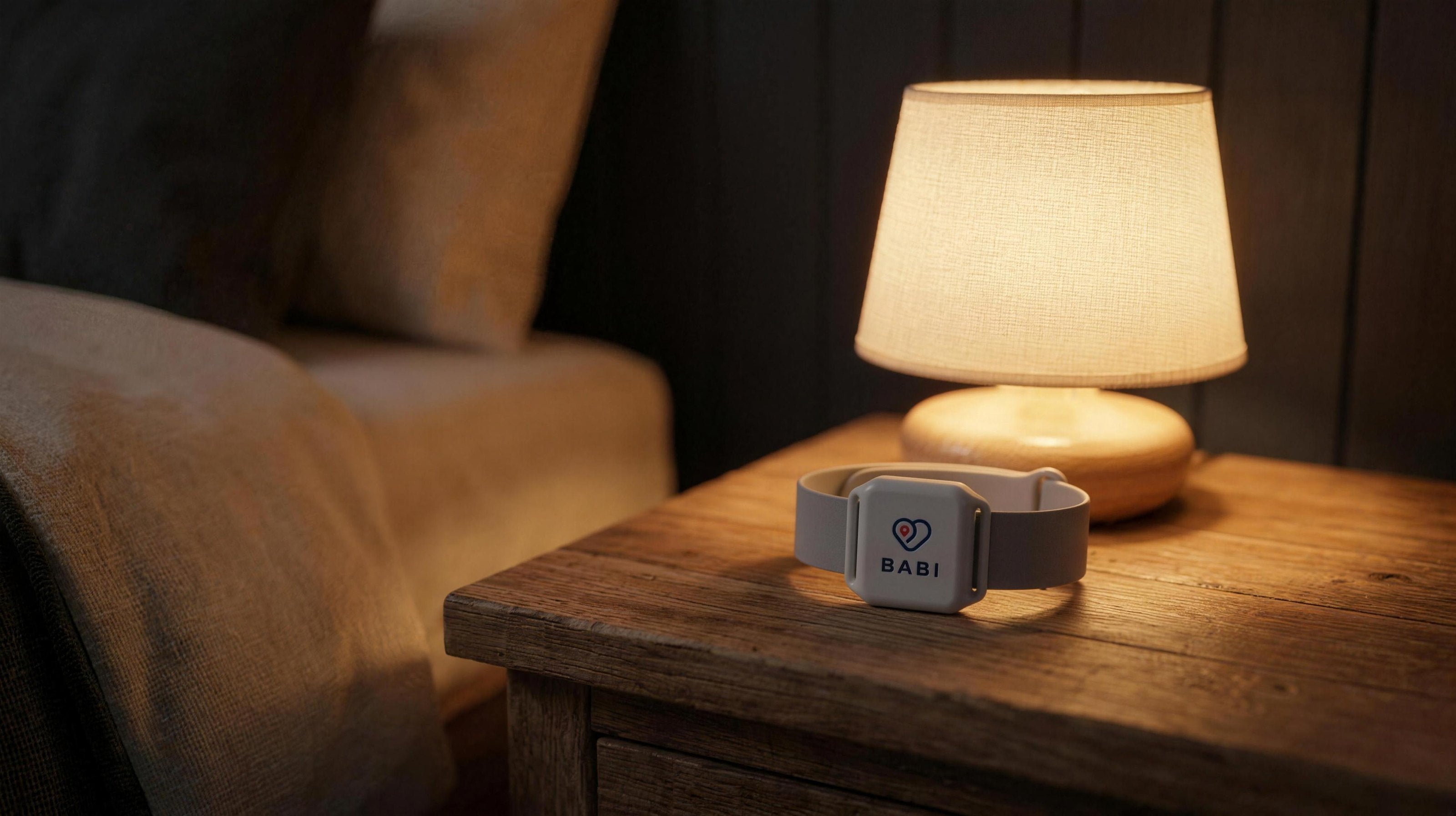 The Babi Angel band on a bedside table at night