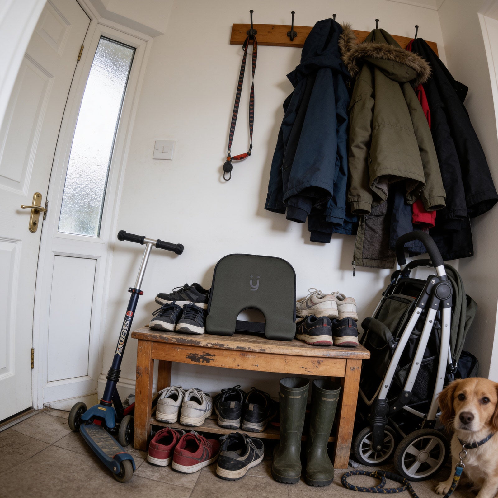 The Babi Seat cushion on a hallway bench among shoes and a pram