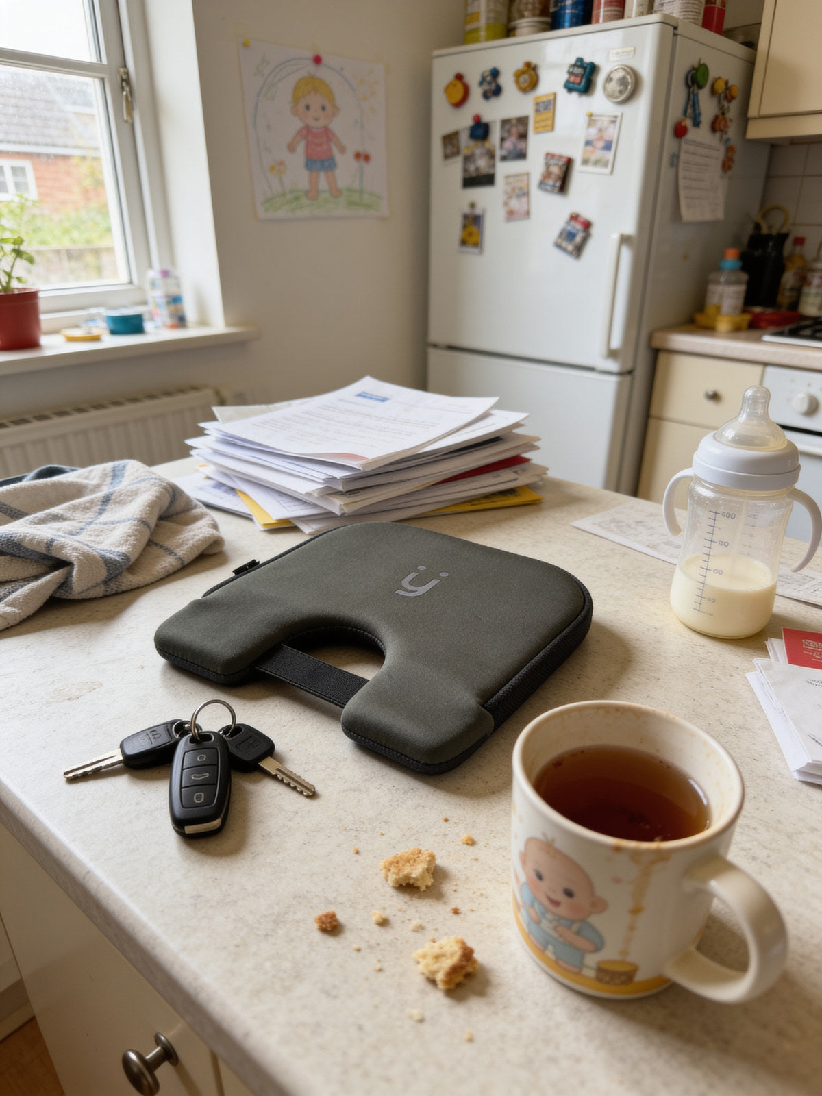 The Babi Seat cushion on a kitchen counter next to car keys and a mug of tea
