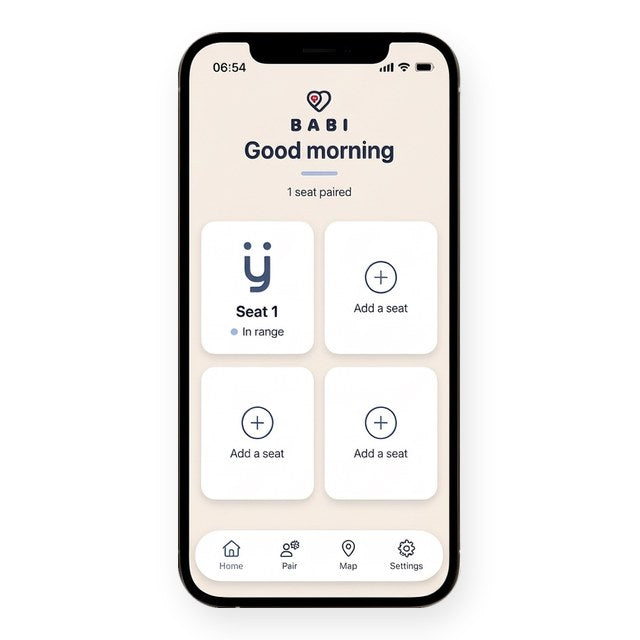The Babi app on a phone, showing one seat paired