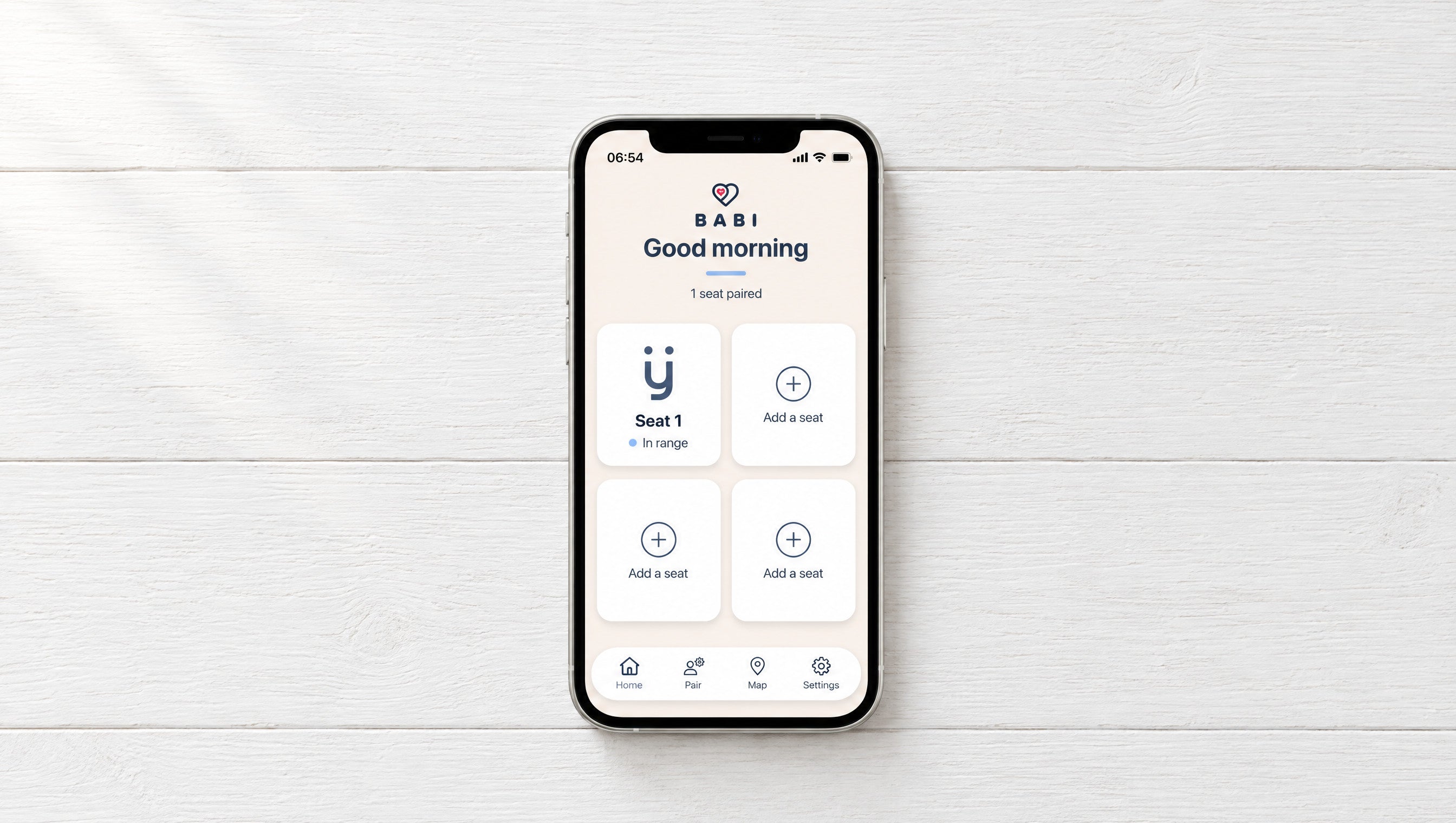 The Babi app home screen with one seat paired