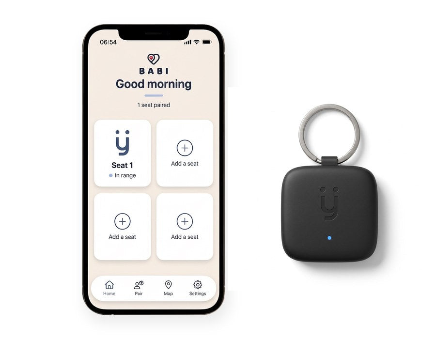 The Babi app on a phone next to the Smart Keyring