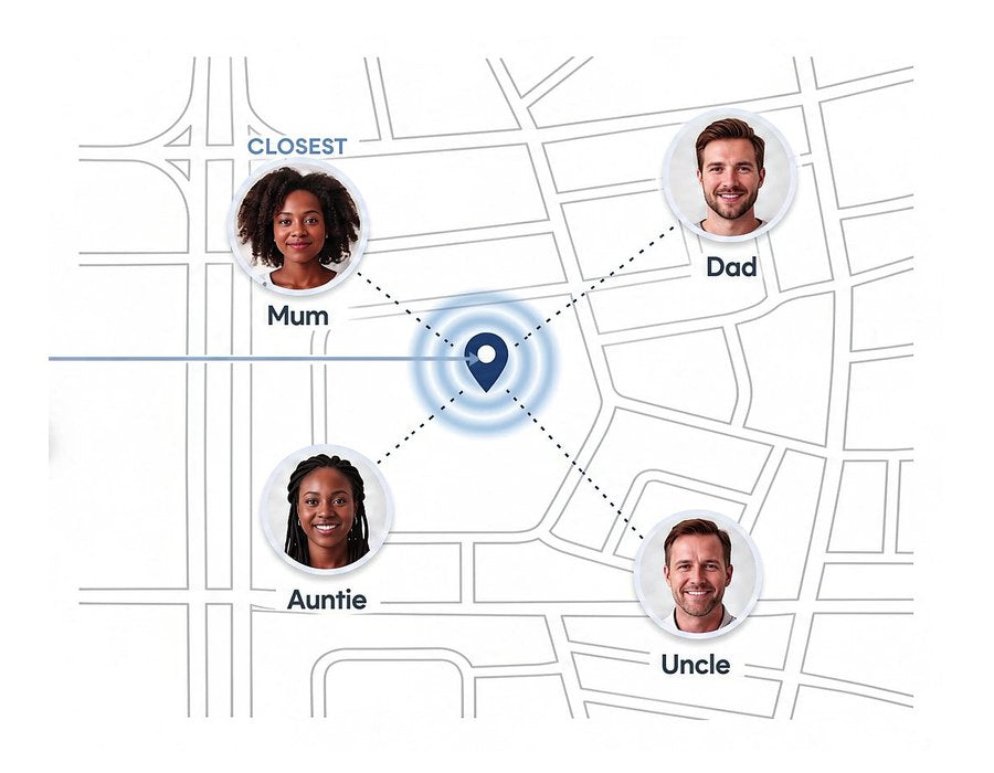 A map showing the car’s location shared with Mum, Dad, Auntie and Uncle