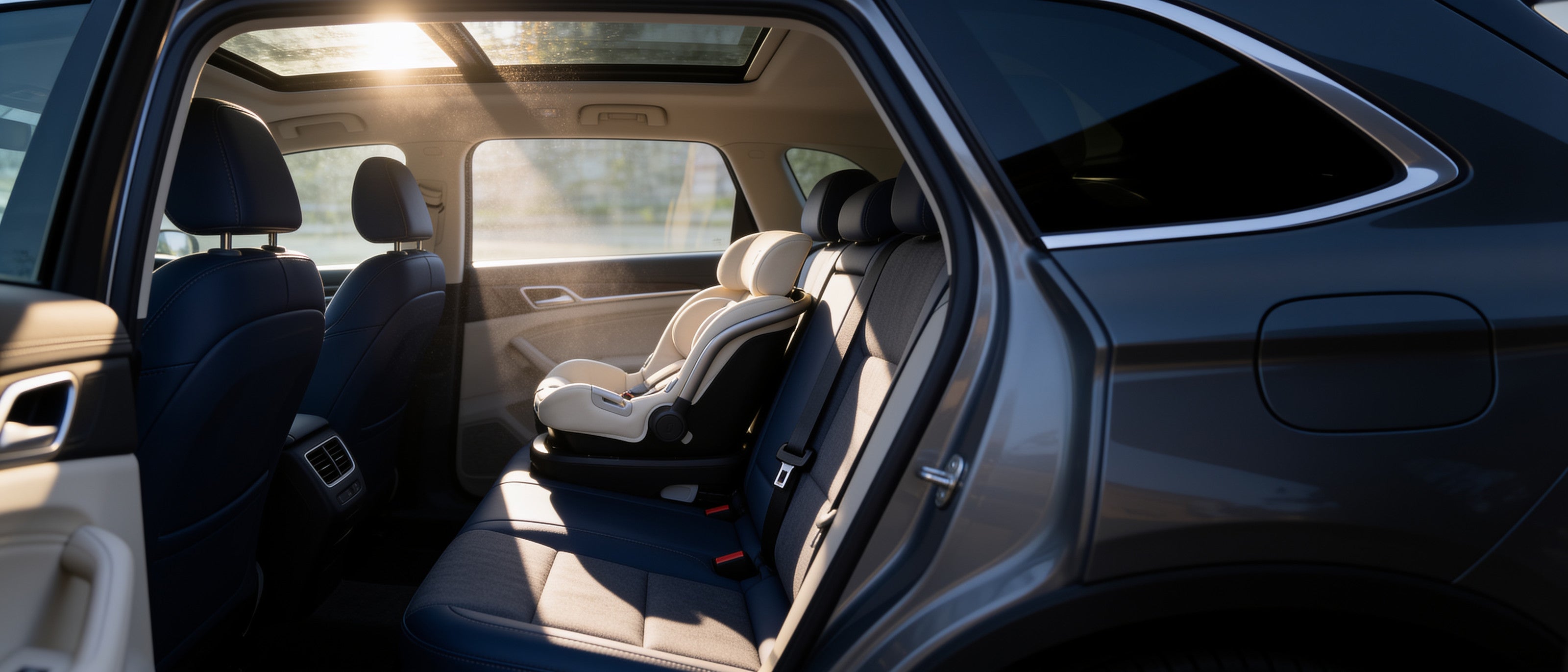 An empty infant car seat in a parked car in harsh sunlight