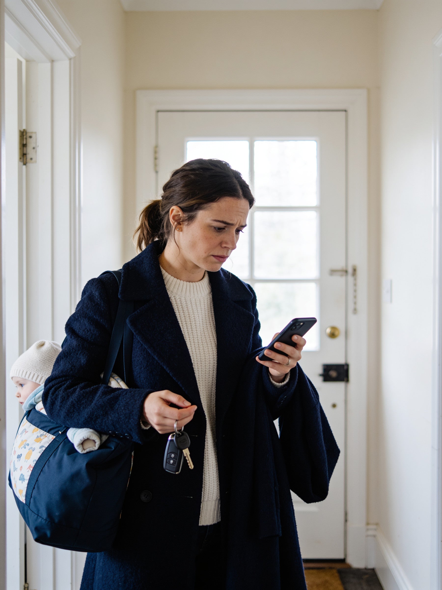 A mother by the front door on a weekday morning, keys in hand